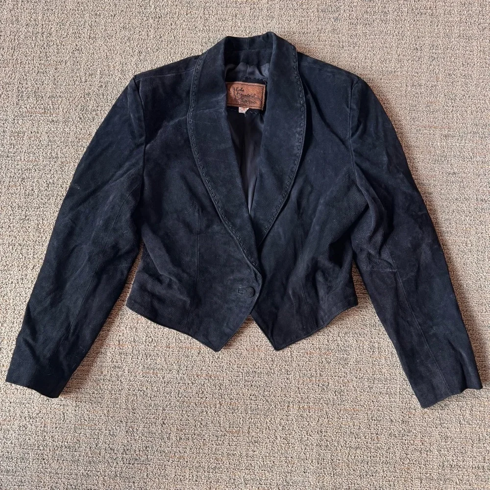 Genuine suede leather womens cropped jacket black unique western bohemian